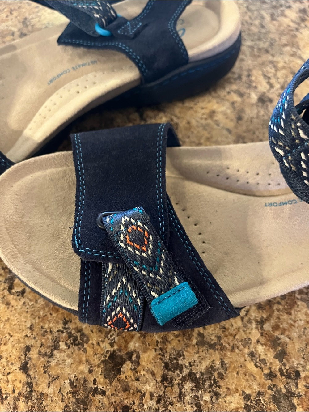 Clarks Navy and Tan Women's Adjustable Strap Sandals - Picture 2 of 5
